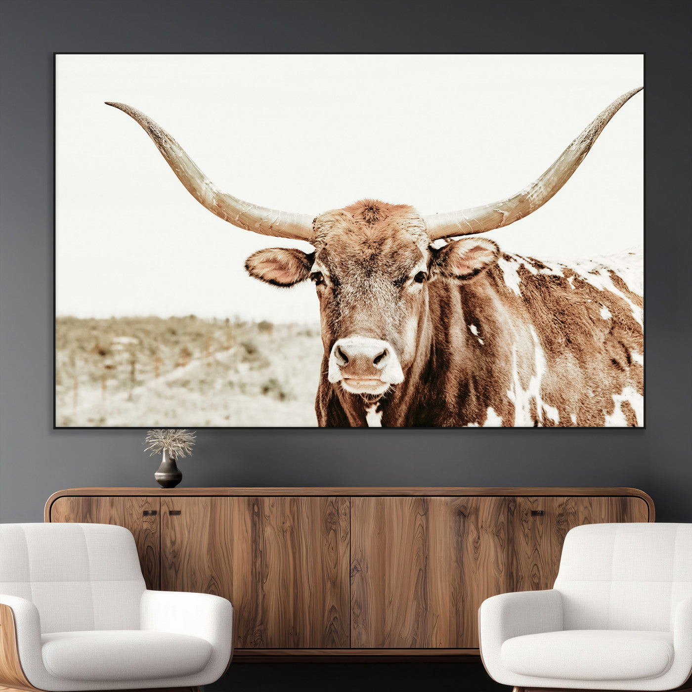 98924580-MGV-CV-36X24-Texas Longhorn Bull Wall Art Canvas Print, Framed Rustic Farmhouse Decor Art Picture Print, Western Animal Theme Perfect Rustic
