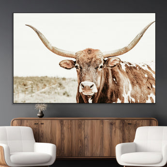 98924580-MGV-CV-36X24-Texas Longhorn Bull Wall Art Canvas Print, Framed Rustic Farmhouse Decor Art Picture Print, Western Animal Theme Perfect Rustic