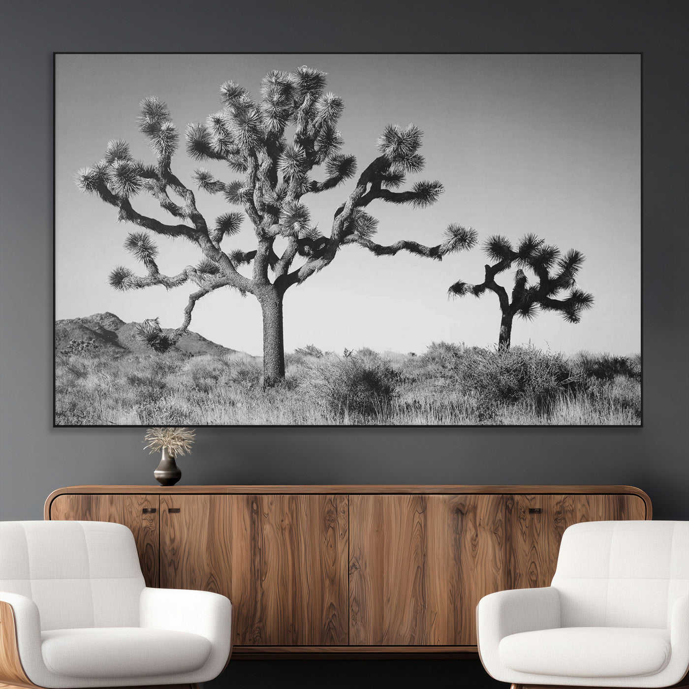 93692513-MGV-CV-36X24-Joshua Tree Wall Art Canvas Print, Framed Monochrome Desert Art Picture Print, Minimalist Nature Scene Perfect Southwestern