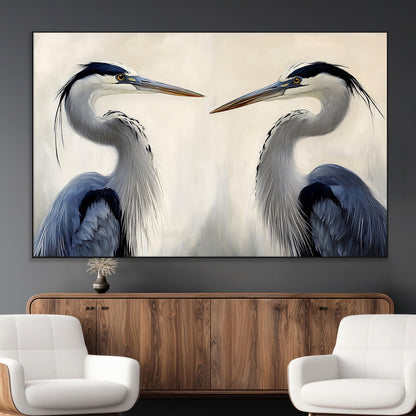 18230556-MGV-CV-36X24-Blue Heron Pair Wall Art Canvas Print, Framed Coastal Bird Theme Art Picture Print, Tranquil Wildlife Scene Perfect Coastal