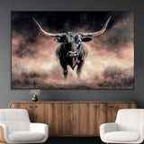 71457818-MGV-CV-36X24-Longhorn Wall Art Wall Art Canvas Print, Framed Western Bull Canvas Art Picture Print, Rustic Cow Decor Perfect Western Dramatic