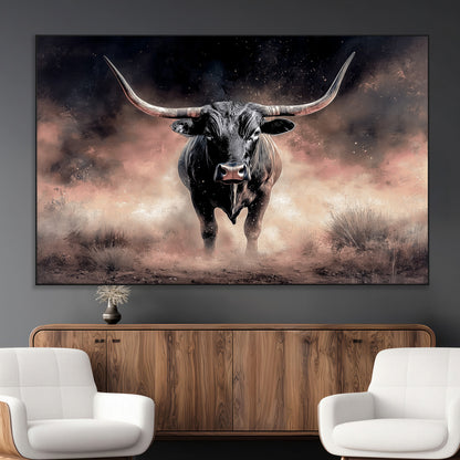 71457818-MGV-CV-36X24-Longhorn Wall Art Wall Art Canvas Print, Framed Western Bull Canvas Art Picture Print, Rustic Cow Decor Perfect Western Dramatic