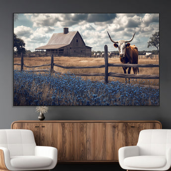 51092814-MGV-CV-36X24-Texas Longhorn Wall Art Wall Art Canvas Print, Framed Rustic Barn Canvas Art Picture Print, Farmhouse Cow Decor Perfect Rustic