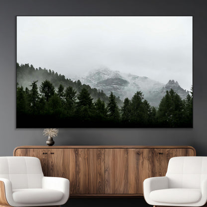 55968349-MGV-CV-36X24-Misty Mountains Wall Art Canvas Print, Framed Foggy Forest Art Picture Print, Snowy Peaks Perfect Moody Wilderness Decor Artwork