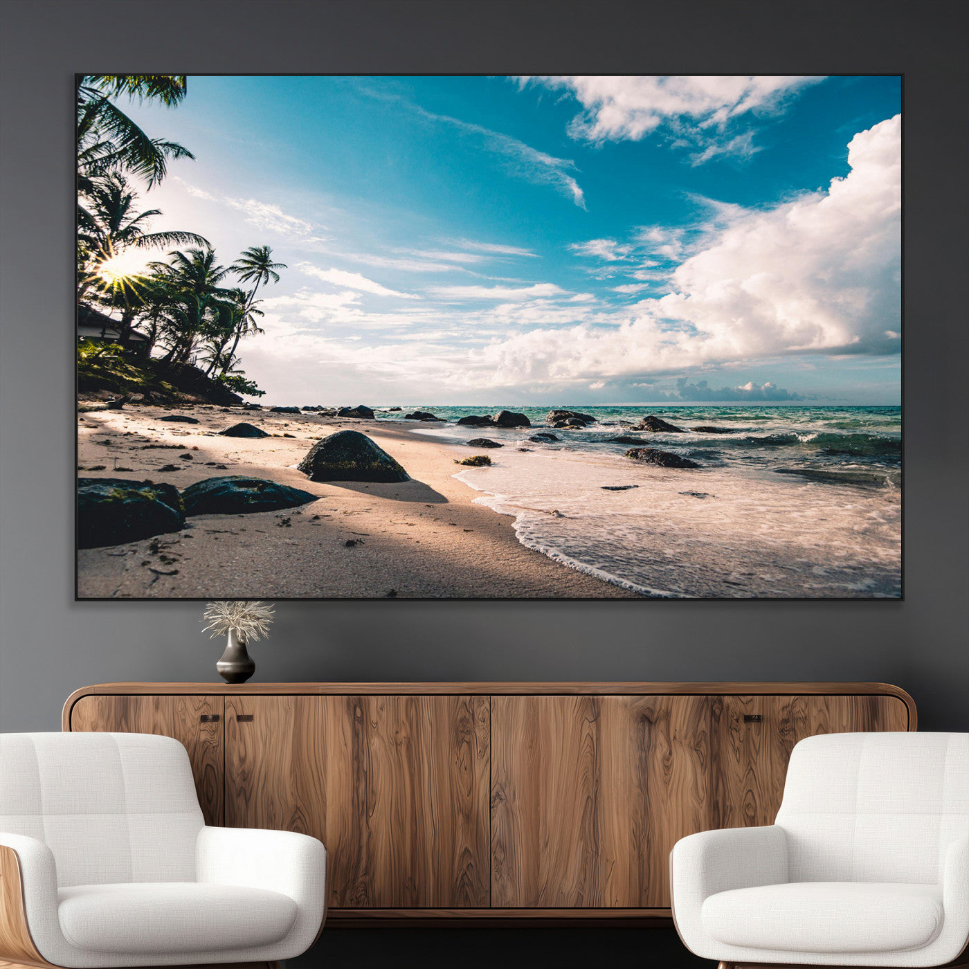 95301406-MGV-CV-36X24-Tropical Beach Wall Art Canvas Print, Framed Ocean Waves Art Picture Print, Relazxing Seascape Perfect Tropical Coastal Decor