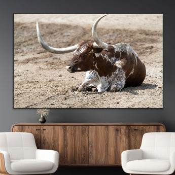 76549210-MGV-CV-36X24-Texas Longhorn Wall Art Canvas Print, Framed Country Living Art Picture Print, Farmhouse Aesthetic Perfect Western Rustic Decor