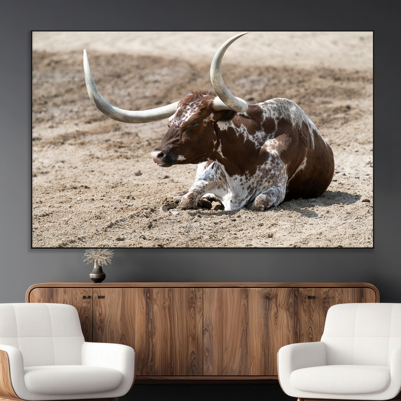76549210-MGV-CV-36X24-Texas Longhorn Wall Art Canvas Print, Framed Country Living Art Picture Print, Farmhouse Aesthetic Perfect Western Rustic Decor
