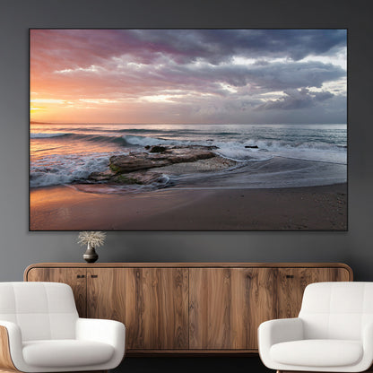 94208089-MGV-CV-36X24-Golden Hour Wall Art Canvas Print, Framed Tranquil Waves Art Picture Print, Beach Horizon Perfect Coastal Serenity Decor Artwork