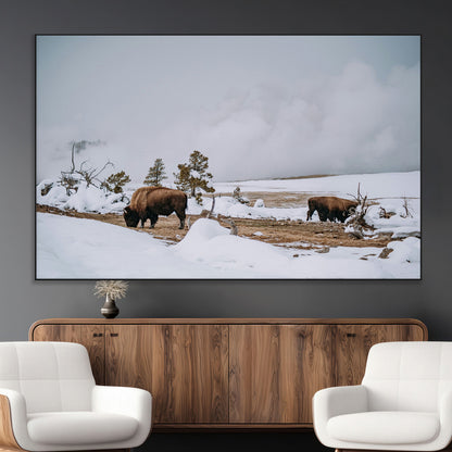 60308289-MGV-CV-36X24-Bison Wildlife Wall Art Canvas Print, Framed Snowy Prairie Art Picture Print, Western Landscape Perfect Rustic Winter Decor