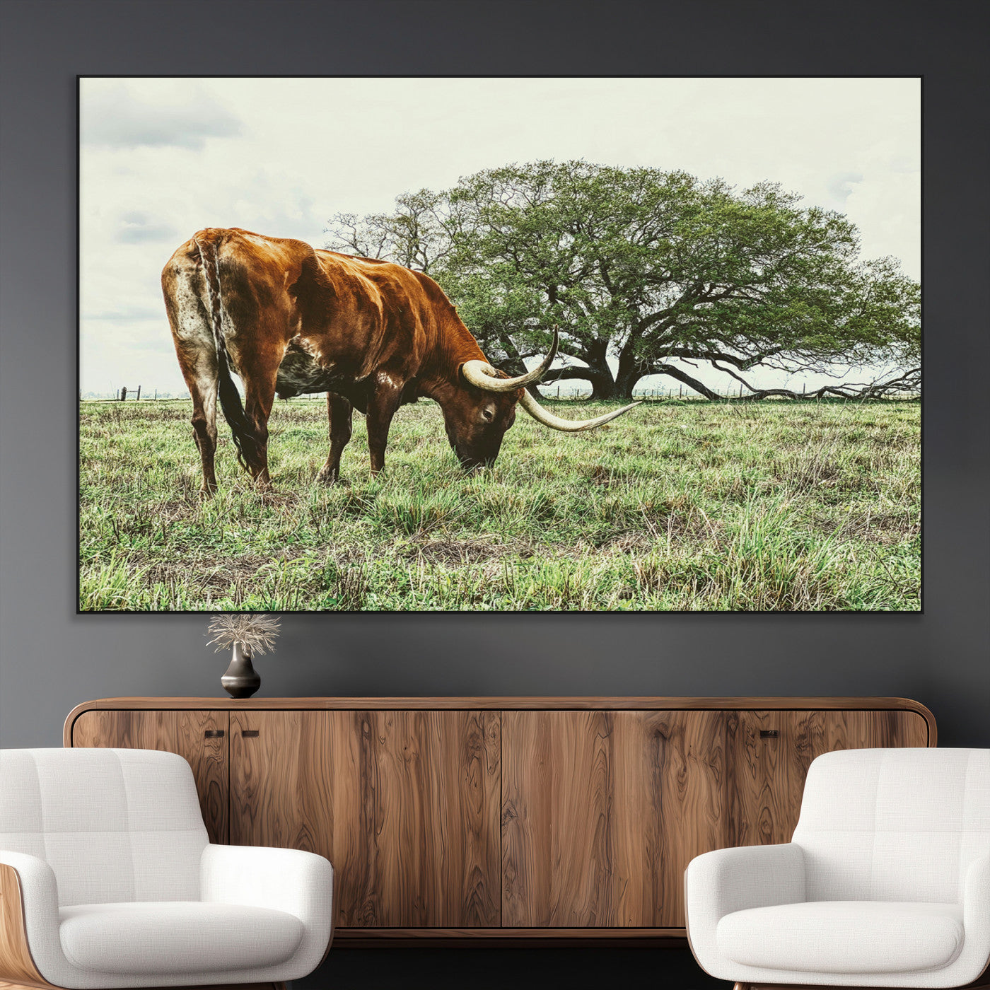 91866234-MGV-CV-36X24-Texas Longhorn Wall Art Canvas Print, Framed Rustic Ranch Art Picture Print, Western Cattle Perfect Rustic Farmhouse Decor Artwork