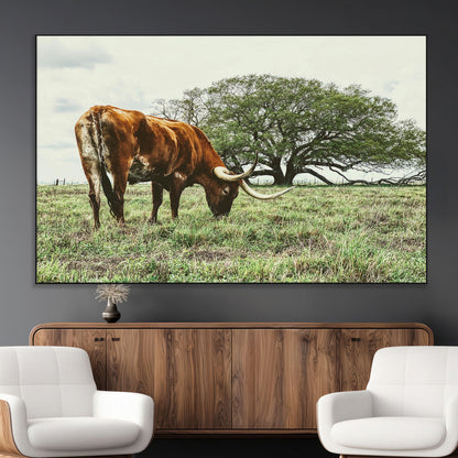 91866234-MGV-CV-36X24-Texas Longhorn Wall Art Canvas Print, Framed Rustic Ranch Art Picture Print, Western Cattle Perfect Rustic Farmhouse Decor Artwork