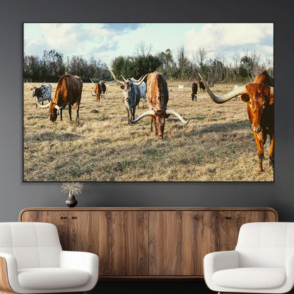 39144651-MGV-CV-36X24-Texas Longhorns Wall Art Canvas Print, Framed Rustic Farm Scene Art Picture Print, Western Cattle Perfect Rustic Farmhouse Decor