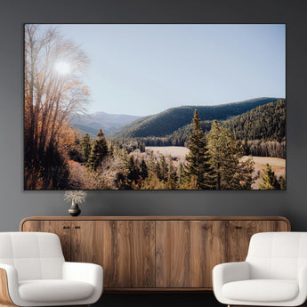 52941305-MGV-CV-36X24-Rustic Landscape Wall Art Canvas Print, Framed Serene Valley Art Picture Print, Pine Tree Horizon Perfect Rustic Cabin Decor