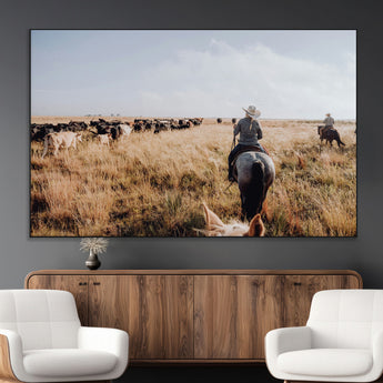22431577-MGV-CV-36X24-Western Wall Art Wall Art Canvas Print, Framed Cowboy Canvas Art Picture Print, Cattle Drive Scene Perfect Rustic Western Decor