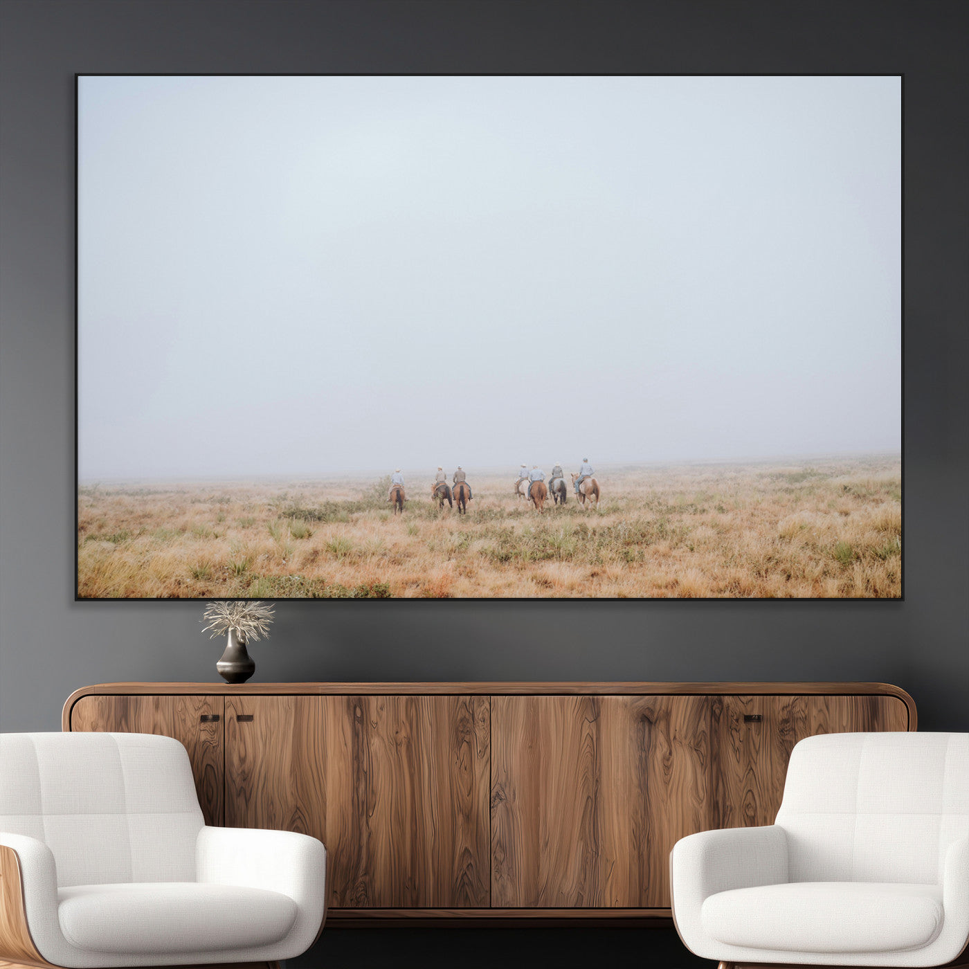 14761944-MGV-CV-36X24-Foggy Plains Wall Art Canvas Print, Framed Horseback Riders Art Picture Print, Rustic Western Perfect Rustic Western Decor Artwork