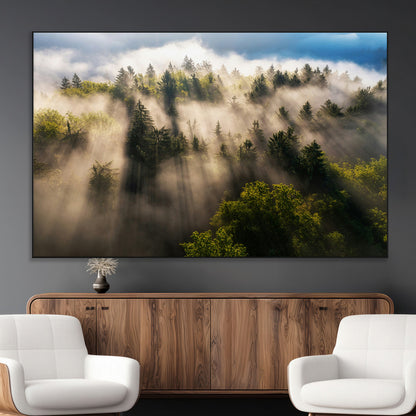 14785710-MGV-CV-36X24-Tranquil Forest Scene Wall Art Canvas Print, Framed Sunbeam Through Trees Art Picture Print, Moody Green Wall Art Perfect