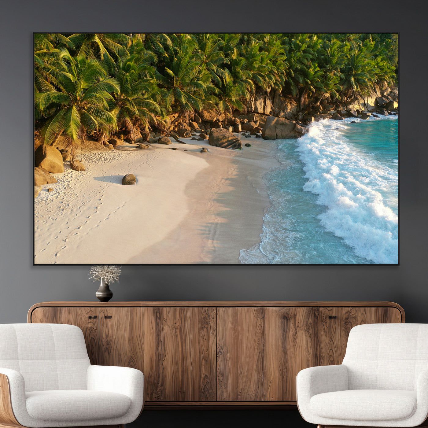 82312665-MGV-CV-36X24-Tropical Beach Wall Art Canvas Print, Framed Ocean Waves Art Picture Print, Palm Trees Perfect Coastal Minimalist Decor Artwork