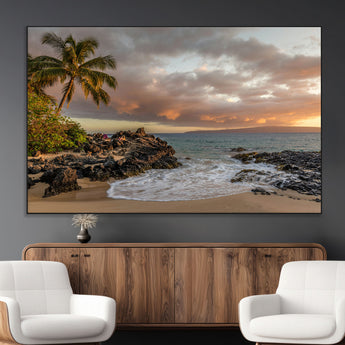 55108220-MGV-CV-36X24-Tropical Beach Wall Art Canvas Print, Framed Hawaiian Sunset Art Picture Print, Ocean Waves Perfect Coastal Tropical Decor Artwork