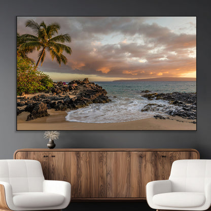 55108220-MGV-CV-36X24-Tropical Beach Wall Art Canvas Print, Framed Hawaiian Sunset Art Picture Print, Ocean Waves Perfect Coastal Tropical Decor Artwork