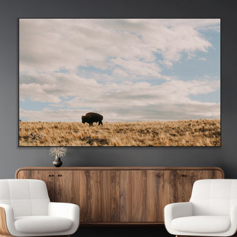 22754563-MGV-CV-36X24-Earthy Tones Wall Art Canvas Print, Framed Rustic Nature Art Picture Print, Solitary Buffalo Perfect Western Minimalist Decor