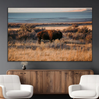 39509187-MGV-CV-36X24-Western Wildlife Wall Art Canvas Print, Framed Bison Art Picture Print, Golden Hour Perfect Western Rustic Decor Artwork