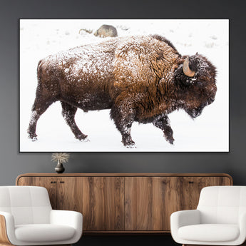 94261165-MGV-CV-36X24-Snowy Buffalo Wall Art Canvas Print, Framed Wildlife Photography Art Picture Print, Brown Tones Perfect Rustic Lodge Decor Decor