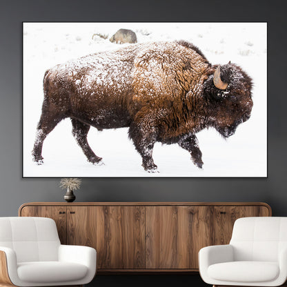 94261165-MGV-CV-36X24-Snowy Buffalo Wall Art Canvas Print, Framed Wildlife Photography Art Picture Print, Brown Tones Perfect Rustic Lodge Decor Decor