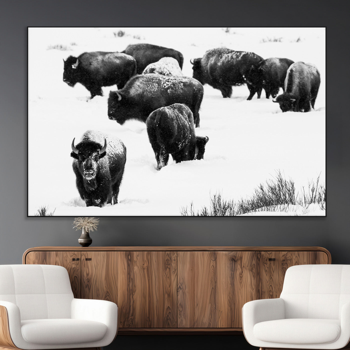 18914414-MGV-CV-36X24-Buffalo Herd Wall Art Canvas Print, Framed Black and White Art Picture Print, Snowy Landscape Perfect Rustic Lodge Decor Decor