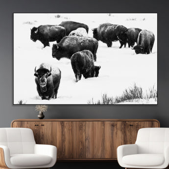 18914414-MGV-CV-36X24-Buffalo Herd Wall Art Canvas Print, Framed Black and White Art Picture Print, Snowy Landscape Perfect Rustic Lodge Decor Decor