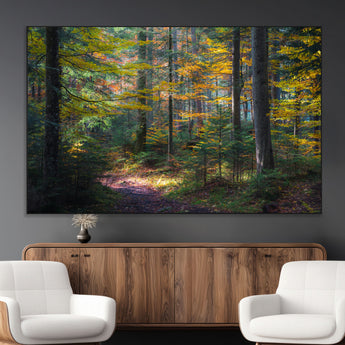 65810864-MGV-CV-36X24-Autumn Forest Wall Art Canvas Print, Framed Fall Woodland Art Picture Print, Golden Leaves Perfect Rustic Farmhouse Decor Artwork