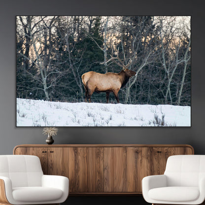 36533178-MGV-CV-36X24-Wild Elk Photography Wall Art Canvas Print, Framed Winter Wildlife Art Picture Print, Snowy Forest Perfect Rustic Lodge Decor