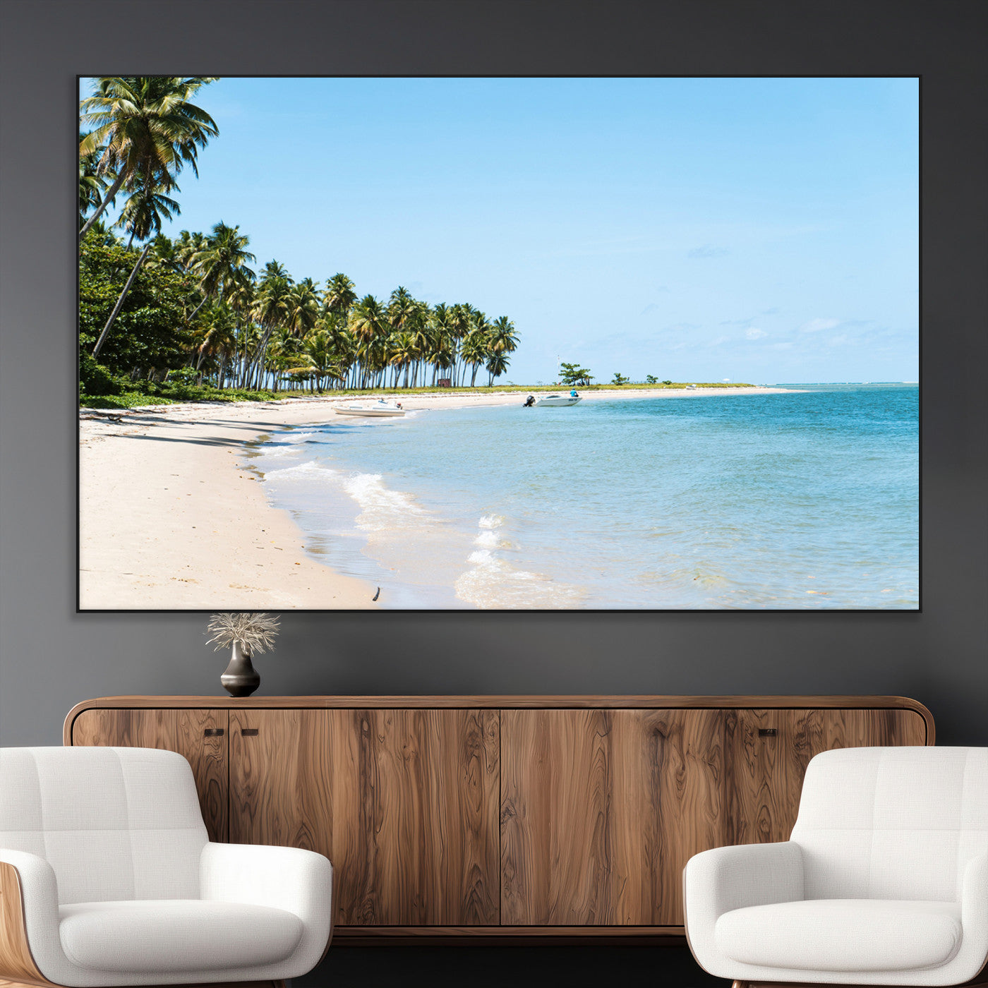 37858872-MGV-CV-36X24-Palm Tree Coast Wall Art Canvas Print, Framed Island Getaway Art Picture Print, Crystal Blue Water Perfect Tropical Coastal Decor