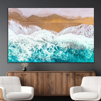 26870666-MGV-CV-36X24-Aerial Beach Wall Art Canvas Print, Framed Ocean Waves Art Picture Print, Coastal Landscape Perfect Coastal Minimalist Decor