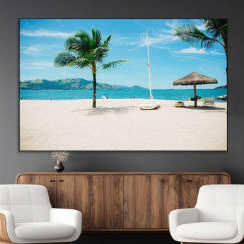 42623350-MGV-CV-36X24-Tropical Beach Wall Art Canvas Print, Framed Palm Tree Art Picture Print, Ocean View Perfect Tropical Coastal Decor Artwork