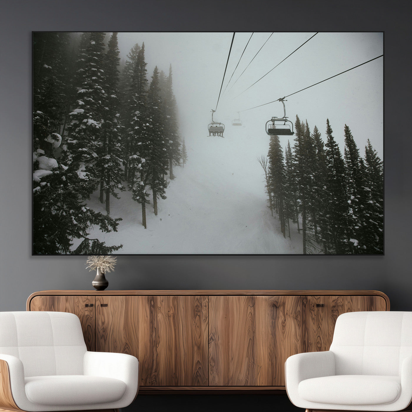 87018452-MGV-CV-36X24-Ski Lift Wall Art Canvas Print, Framed Snowy Pines Art Picture Print, Misty Landscape Perfect Winter Serenity Decor Artwork