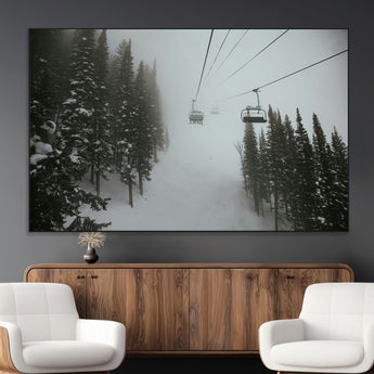 87018452-MGV-CV-36X24-Ski Lift Wall Art Canvas Print, Framed Snowy Pines Art Picture Print, Misty Landscape Perfect Winter Serenity Decor Artwork