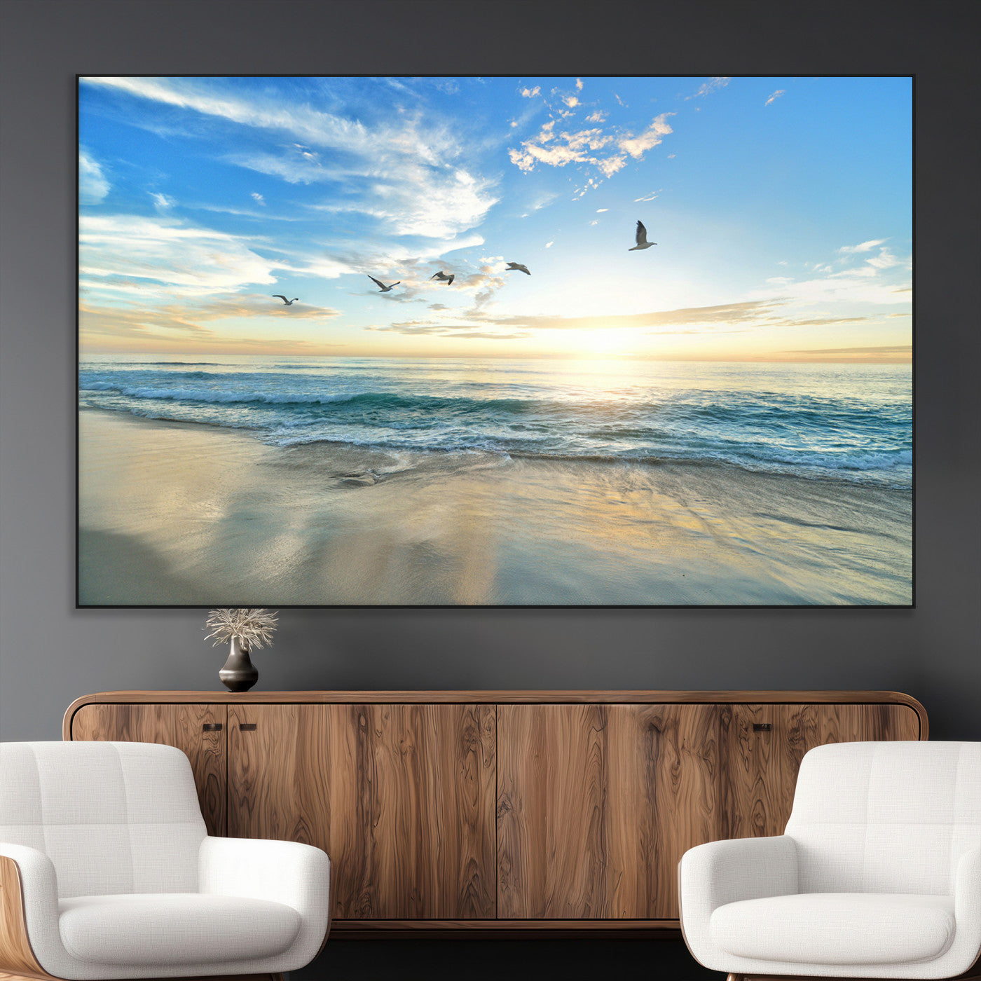 20708696-MGV-CV-36X24-Minimalist Seaside Wall Art Canvas Print, Framed Morning Glow Art Picture Print, Golden Reflections Perfect Coastal Minimalist