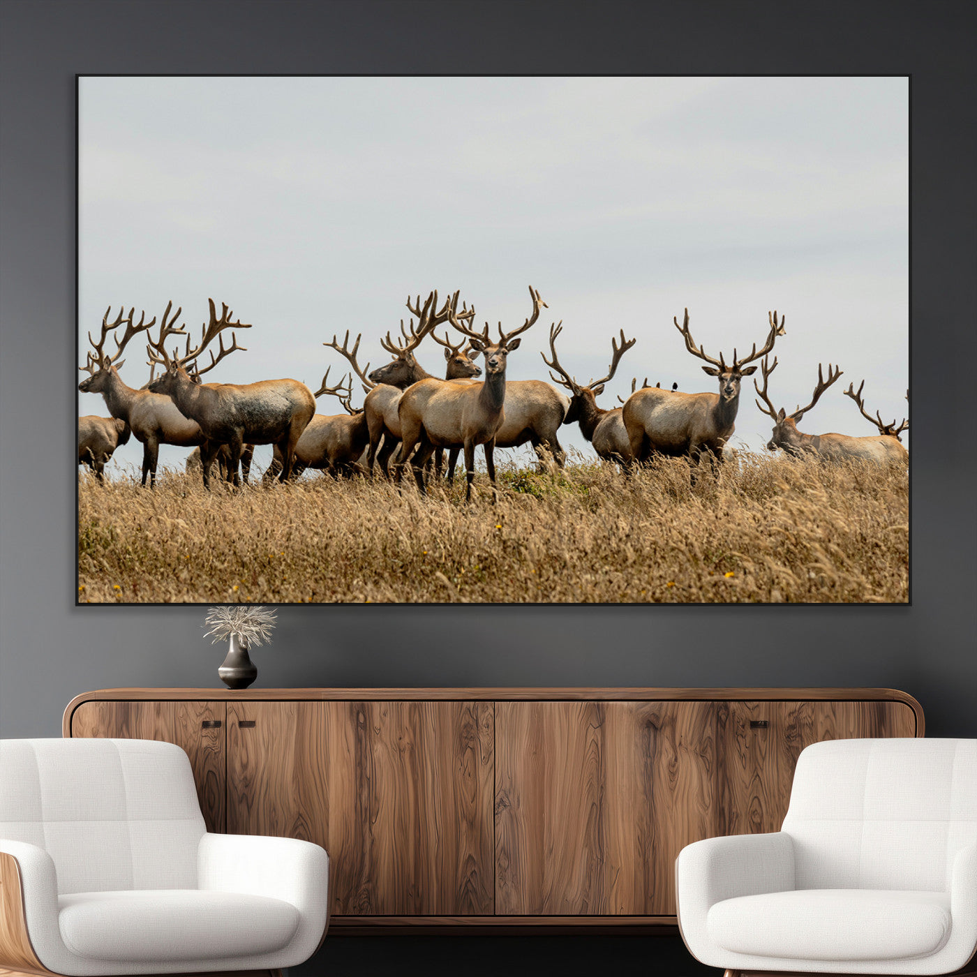 42170220-MGV-CV-36X24-Elk Herd Wall Art Canvas Print, Framed Wildlife Photography Art Picture Print, Majestic Antlers Perfect Rustic Wildlife Decor