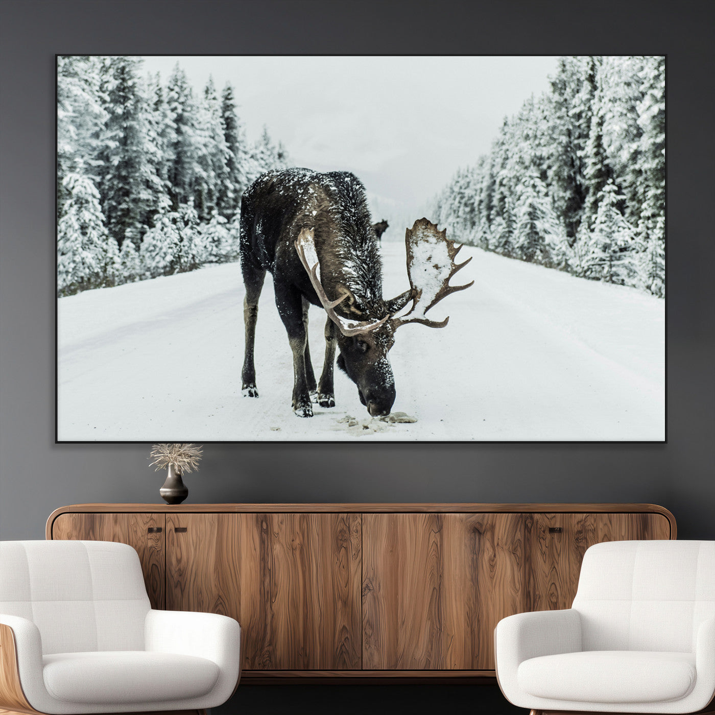 13316292-MGV-CV-36X24-Moose in Snow Wall Art Canvas Print, Framed Winter Wildlife Art Picture Print, Snowy Forest Scene Perfect Rustic Lodge Decor