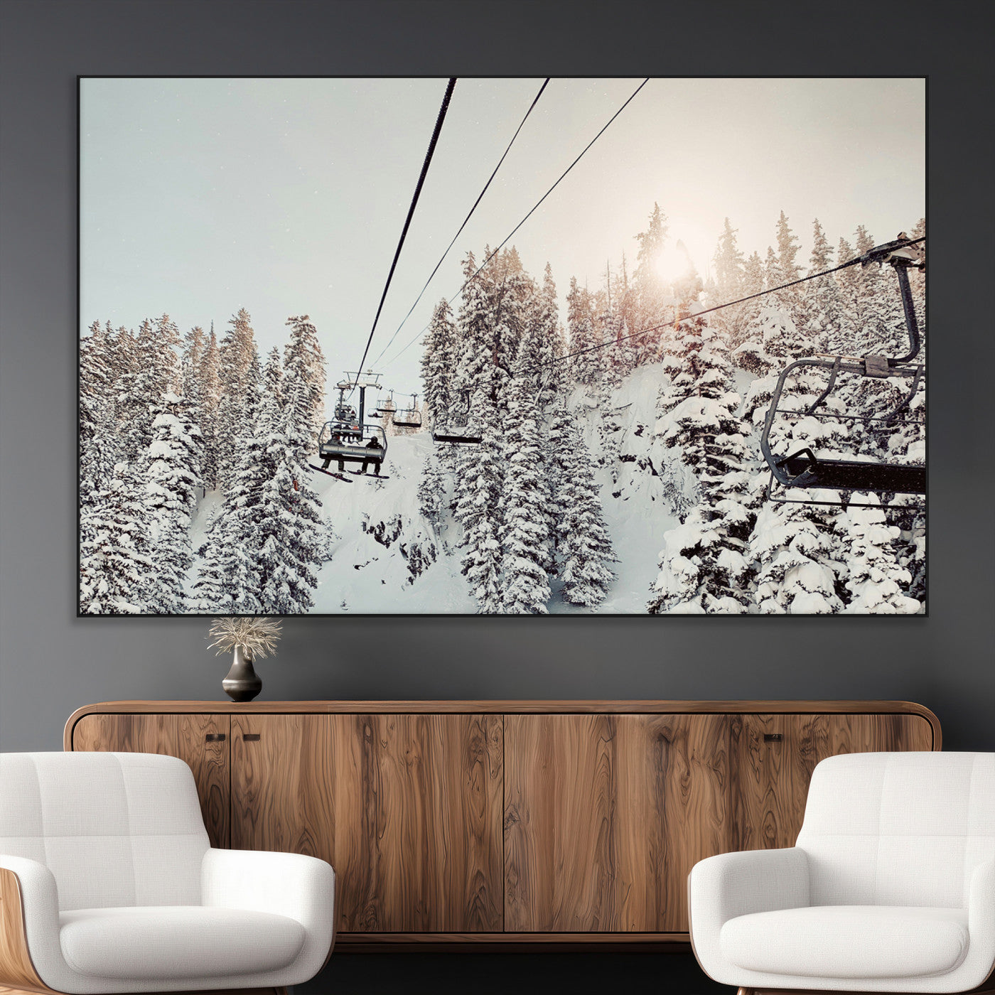 91534512-MGV-CV-36X24-Frosty Pines Wall Art Canvas Print, Framed Cozy Cabin View Art Picture Print, Ski Lift Ride Perfect Rustic Lodge Decor Artwork