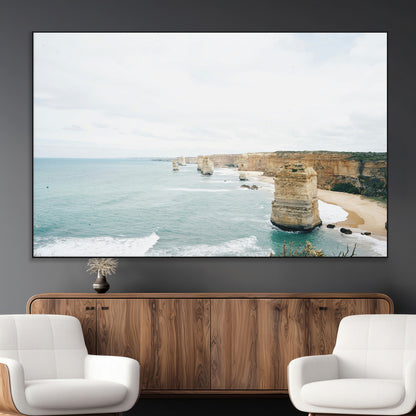 70095633-MGV-CV-36X24-Twelve Apostles Wall Art Canvas Print, Framed Coastal Cliffs Art Picture Print, Rugged Rock Formations Perfect Minimalist Coastal
