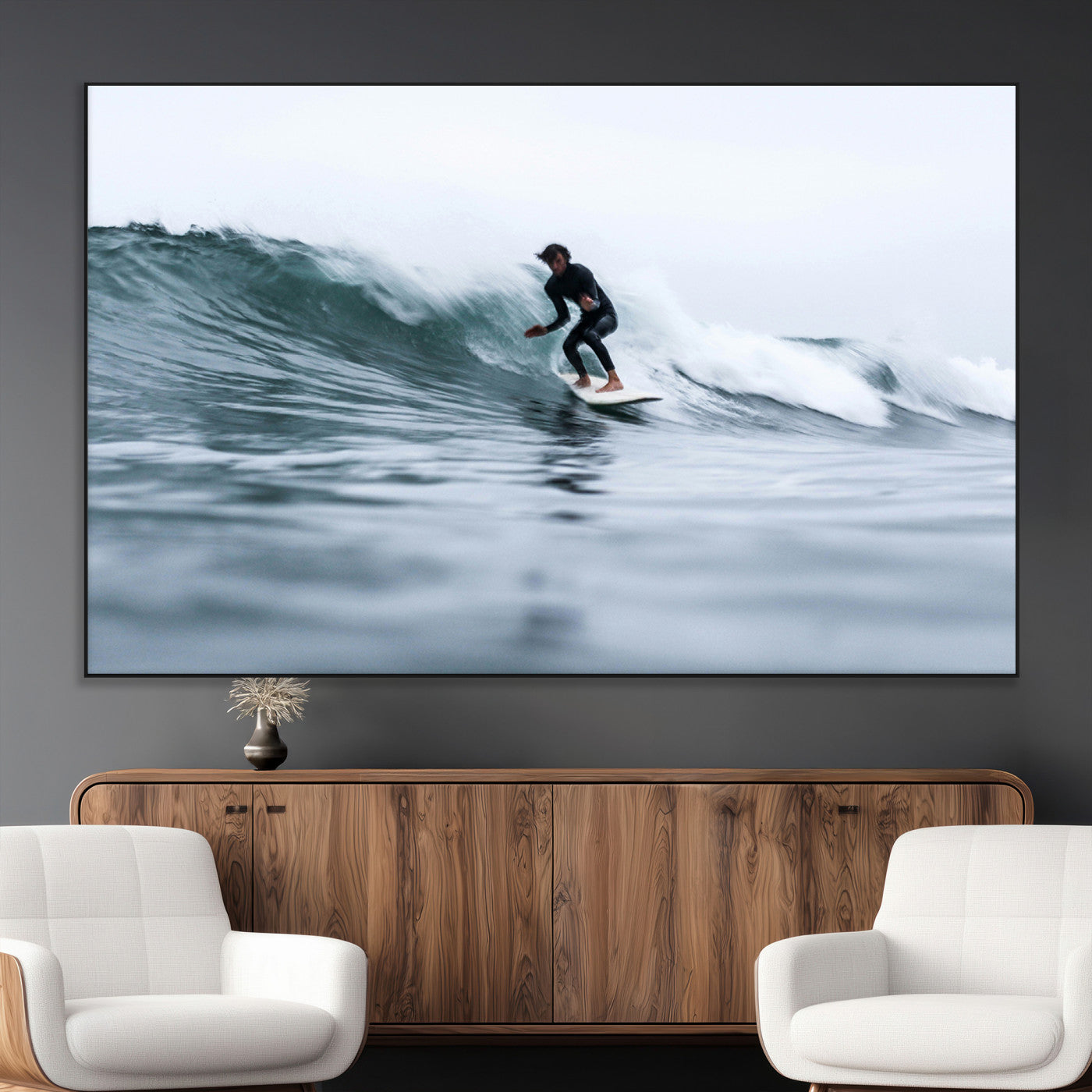 11693607-MGV-CV-36X24-Surfer on Wave Wall Art Canvas Print, Framed Ocean Adventure Art Picture Print, Motion Blur Water Perfect Coastal Adventure Decor