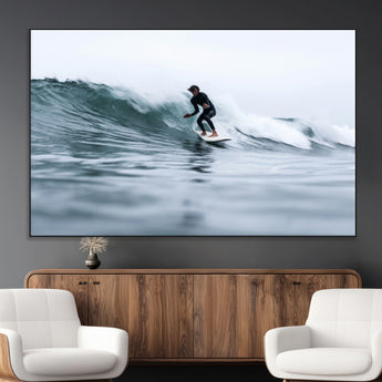 11693607-MGV-CV-36X24-Surfer on Wave Wall Art Canvas Print, Framed Ocean Adventure Art Picture Print, Motion Blur Water Perfect Coastal Adventure Decor