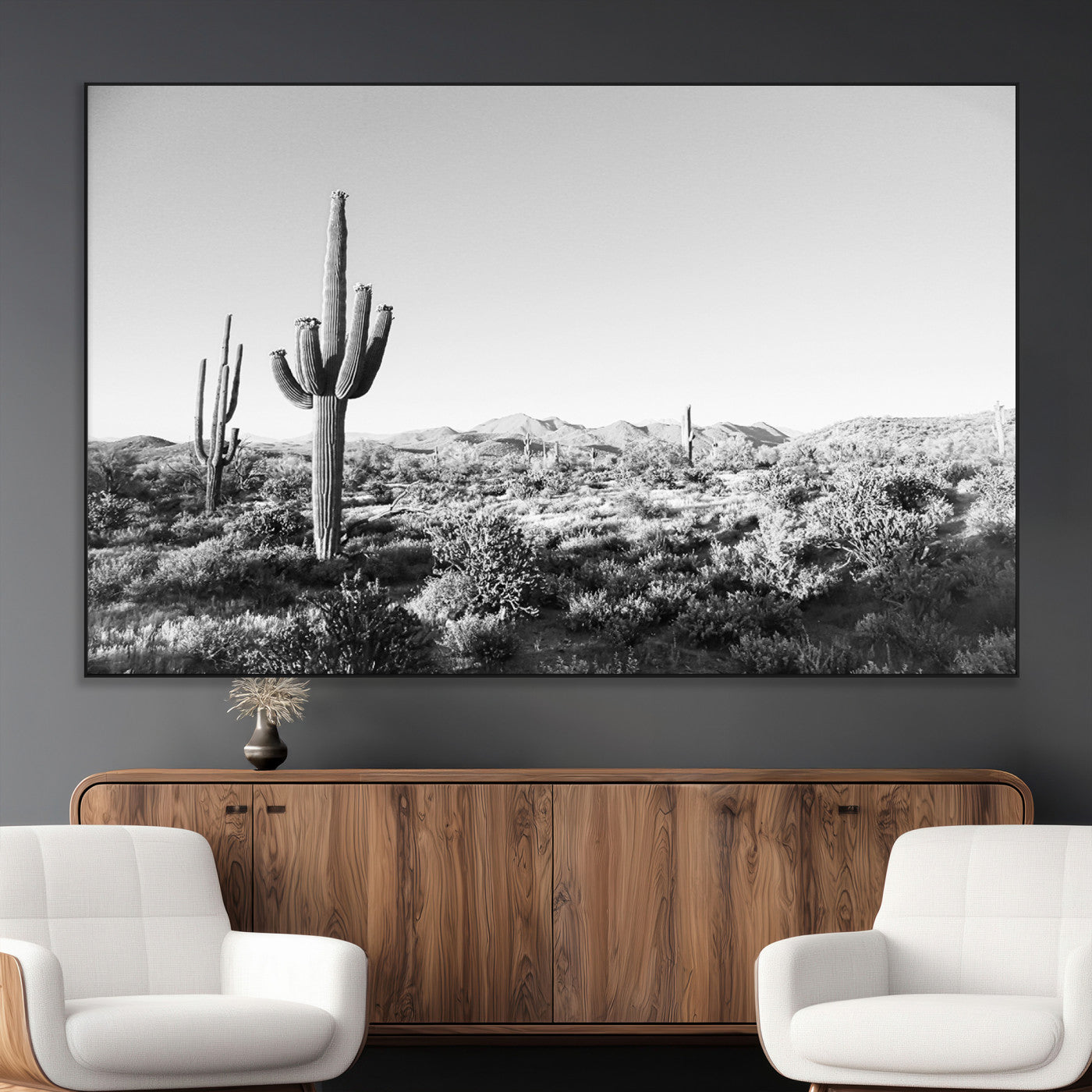 85205054-MGV-CV-36X24-Saguaro Cactus Wall Art Canvas Print, Framed Monochrome Landscape Art Picture Print, Scenic Arizona View Perfect Minimalist