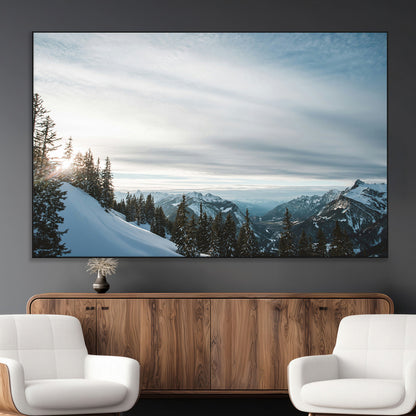 55564749-MGV-CV-36X24-Snowy Mountains Wall Art Canvas Print, Framed Alpine Landscape Art Picture Print, Frosty Peaks Perfect Nordic Minimalist Decor