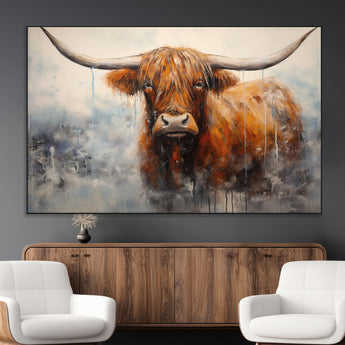 X61001-MGV-CV-36X24-Scottish Highland Wall Art Canvas Print, Framed Longhorn Art Picture Print, Western Cow Perfect Farmhouse Decor Artwork