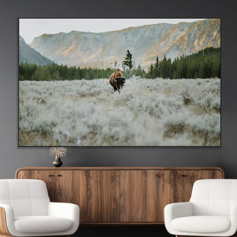 41674074-MGV-CV-36X24-Bison Wall Art – American Buffalo Wildlife Photography Canvas Print, Western Mountain Landscape Artwork Rustic Nature Decor for