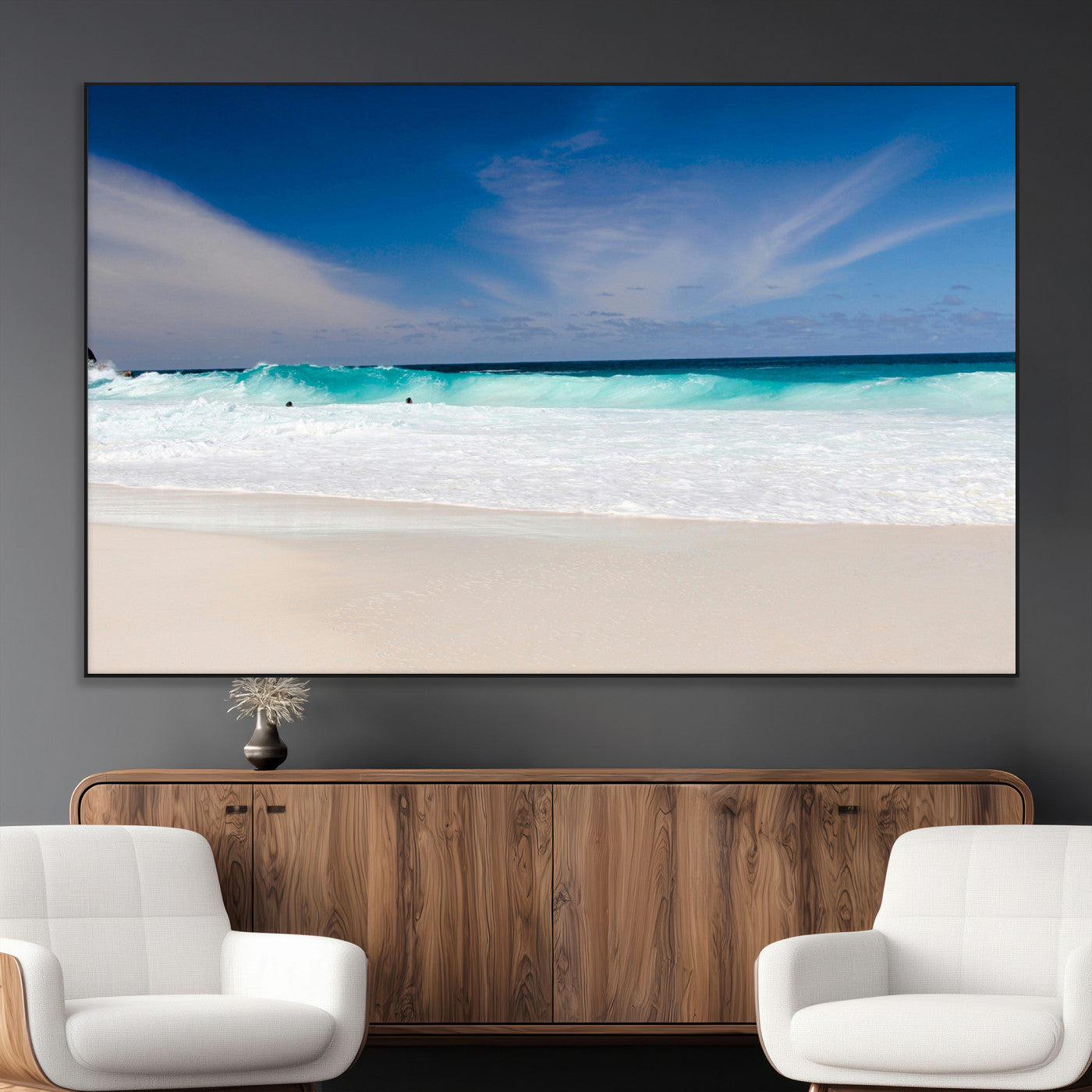 55017356-MGV-CV-36X24-Ocean Beach Wall Art – Turquoise Wave and White Sand Shoreline Canvas Print, Coastal Seascape Photography Decor for Living Room,