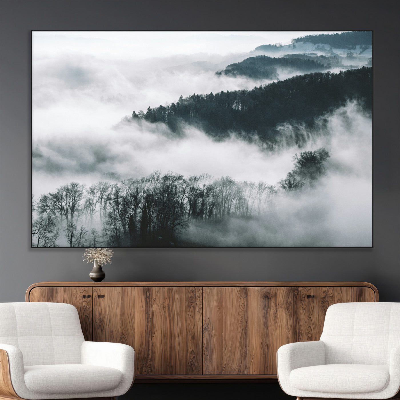 67569654-MGV-CV-36X24-Foggy Forest Wall Art – Mist Covered Hills and Trees Landscape Canvas Print, Moody Nature Photography Decor for Living Room,