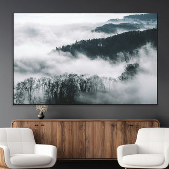 67569654-MGV-CV-36X24-Foggy Forest Wall Art – Mist Covered Hills and Trees Landscape Canvas Print, Moody Nature Photography Decor for Living Room,